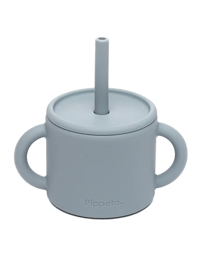 Pippeta Silicone Sippy Cup With Straw For Babies And Toddlers , Non Spill And Leak Proof Baby Weaning Cup, Easy Grip Handles, Dishwasher And Microwave Safe Sea Salt