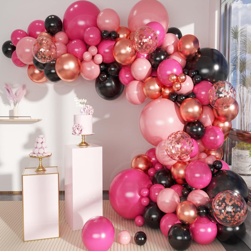 MEBAY Hot Pink Black Rose Gold Balloon Arch Garland Kit, 146 Pcs Rose Red Tender Pink Black Confetti Rose Gold Balloons for Graduation Birthday Party Baby Shower Wedding Decorations - Image 1