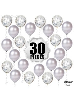 KATCHON Silver and Silver Confetti Latex Balloons Pack of 30 | Latex Silver and Confetti Balloons for Birthday  - Image 4
