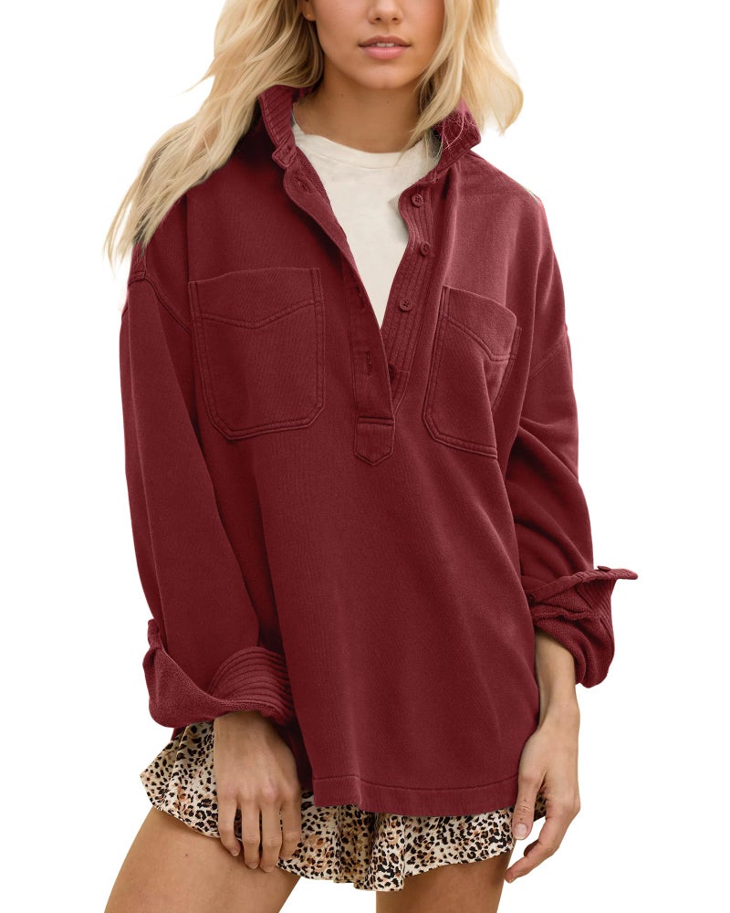 Locachy Women's Casual Oversized Polo Neck Sweatshirt Lapel Long Sleeve Button Pullover Tops Fashion Outfits Clothes Burgundy XXL - Image 1