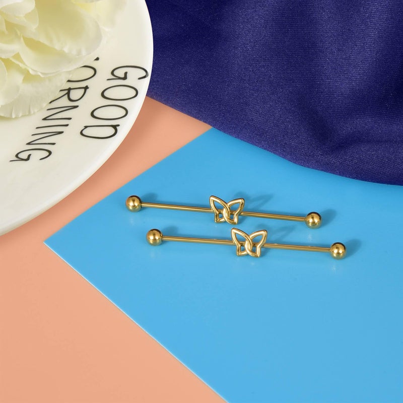 Lantine Gold Industrial Piercing Jewelry Butterfly Surgical Steel 16G 38mm Industrial Barbell Earrings Bar Piercing Jewelry 1 1/2" - Image 5