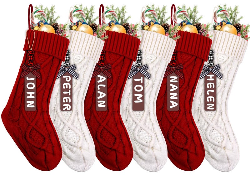 XIMISHOP 6pack Christmas Stockings 18inch Large Personalized Cable Knitted Xmas Hanging Stocking Decorations with Name Tags for Holiday Christmas Party Family Decor Red and White