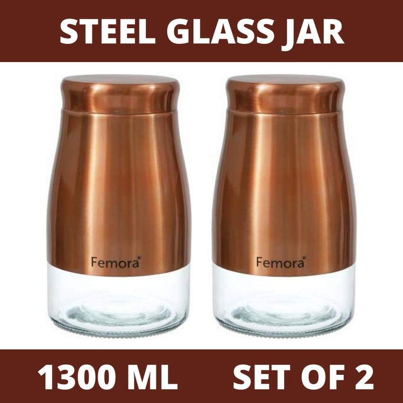 Femora Copper Metallic Clear Glass Jars | See Through Bottom Jar | 1 Year Warranty | Airtght | Jars for Snacks, Fry Food, Masala, Spice, Pickles, Cookies |1300 ML | Set Of 2 | Copper - Image 2