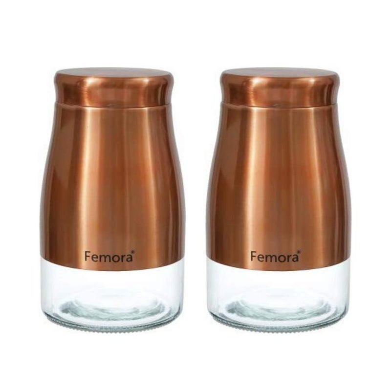 Femora Copper Metallic Clear Glass Jars | See Through Bottom Jar | 1 Year Warranty | Airtght | Jars for Snacks, Fry Food, Masala, Spice, Pickles, Cookies |1300 ML | Set Of 2 | Copper - Image 1
