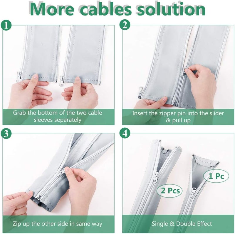 StangH Cable Management Sleeve White - Cord Organizer System Flexible Wire Hider Cover with Zipper, Avoid Messy Cables for PC Office/Computer/Home Theater, 19 Inch, Greyish White, 4 Pieces - Image 4