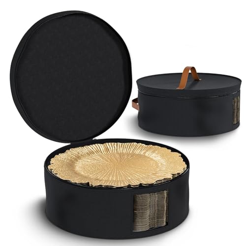 MAONAME Black China Storage Containers, 2 Pack Hard Shell Dinnerware Storage with 24 Felt Dividers for Charger Plates, Great for Platters and Serving Dishes, 14.5" W x 7" H - Image 1