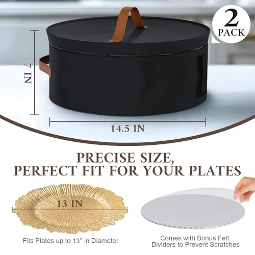 MAONAME Black China Storage Containers, 2 Pack Hard Shell Dinnerware Storage with 24 Felt Dividers for Charger Plates, Great for Platters and Serving Dishes, 14.5" W x 7" H - Image 2