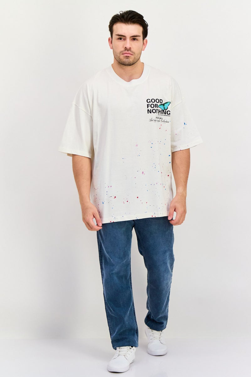 GOOD FOR NOTHING تي شيرت رجالي بأكمام قصيرة وياقة دائرية، مطبوع برسومات، لون أبيض فاتح - Image 3
