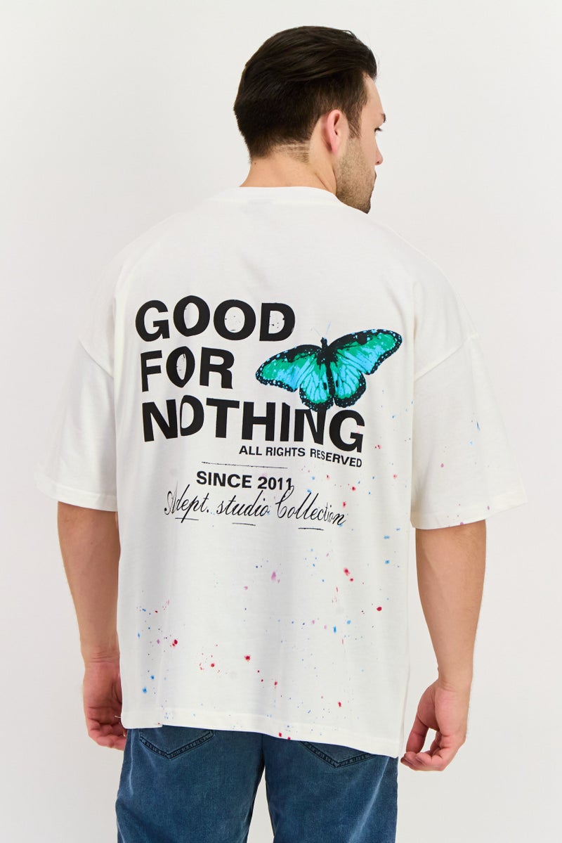 GOOD FOR NOTHING تي شيرت رجالي بأكمام قصيرة وياقة دائرية، مطبوع برسومات، لون أبيض فاتح - Image 2