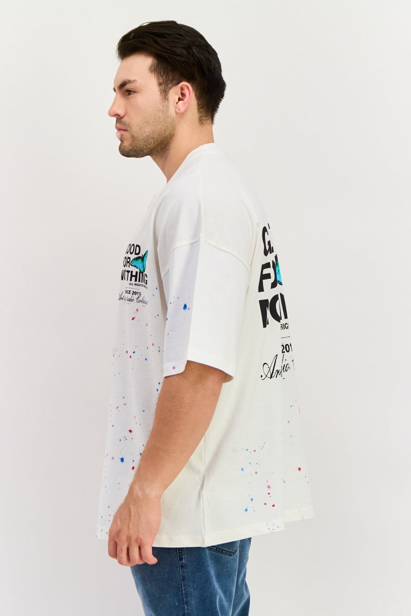 GOOD FOR NOTHING تي شيرت رجالي بأكمام قصيرة وياقة دائرية، مطبوع برسومات، لون أبيض فاتح - Image 4