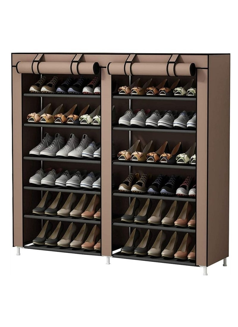 BLOOMING TIME Simple Double Row Non Woven Dustproof Shoe Rack, Multi Layer Shoe Rack With Large Capacity, Simple Assembly, Brown  - Image 1