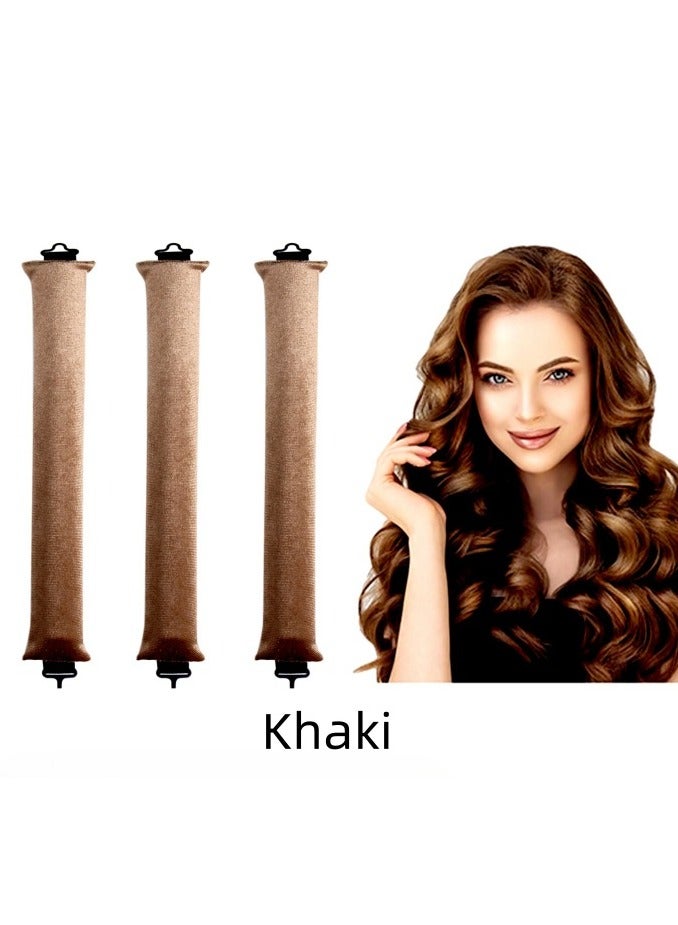 Generic Heatless Curling Wand (Set of 3) – Soft Velvet Curling Bands with Elastic Hooks Create Damage-Free Natural Waves and Curls for All Hair Types – Khaki - Image 1