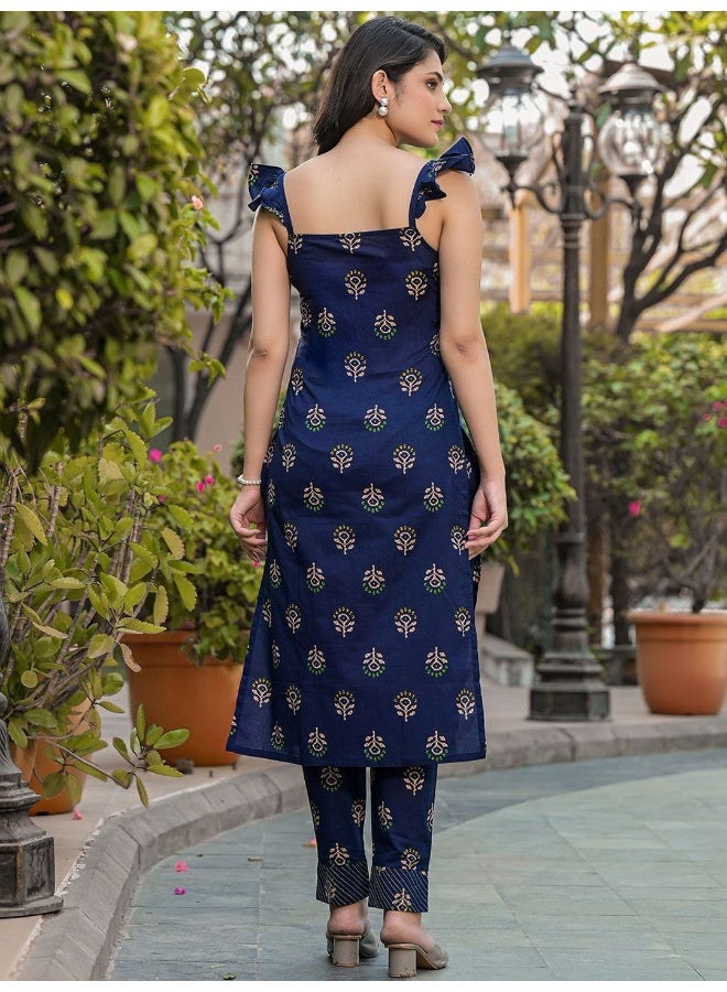 AKS AKS Ethnic Motifs Printed Square Neck Regular Pure Cotton Straight Kurta With Trousers  - Image 4
