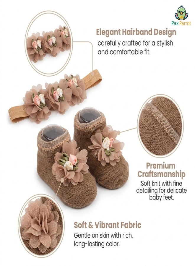 PAX PARROT Newborn Baby Girl Gift Set – Soft Floral Booties with Matching Hair Band, Comfortable Infant Wear for 0–12 Months (1 Pair Shoes & 1 Headband) Brown - Image 2