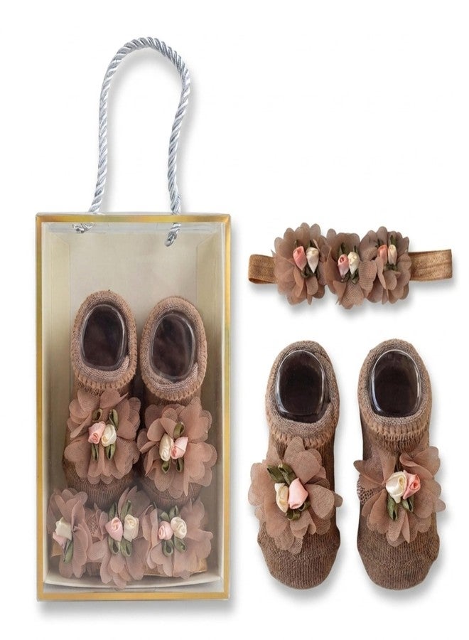 PAX PARROT Newborn Baby Girl Gift Set – Soft Floral Booties with Matching Hair Band, Comfortable Infant Wear for 0–12 Months (1 Pair Shoes & 1 Headband) Brown - Image 1