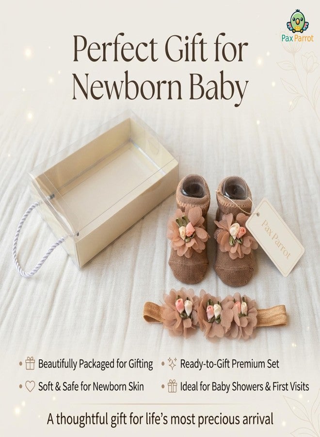 PAX PARROT Newborn Baby Girl Gift Set – Soft Floral Booties with Matching Hair Band, Comfortable Infant Wear for 0–12 Months (1 Pair Shoes & 1 Headband) Brown - Image 4