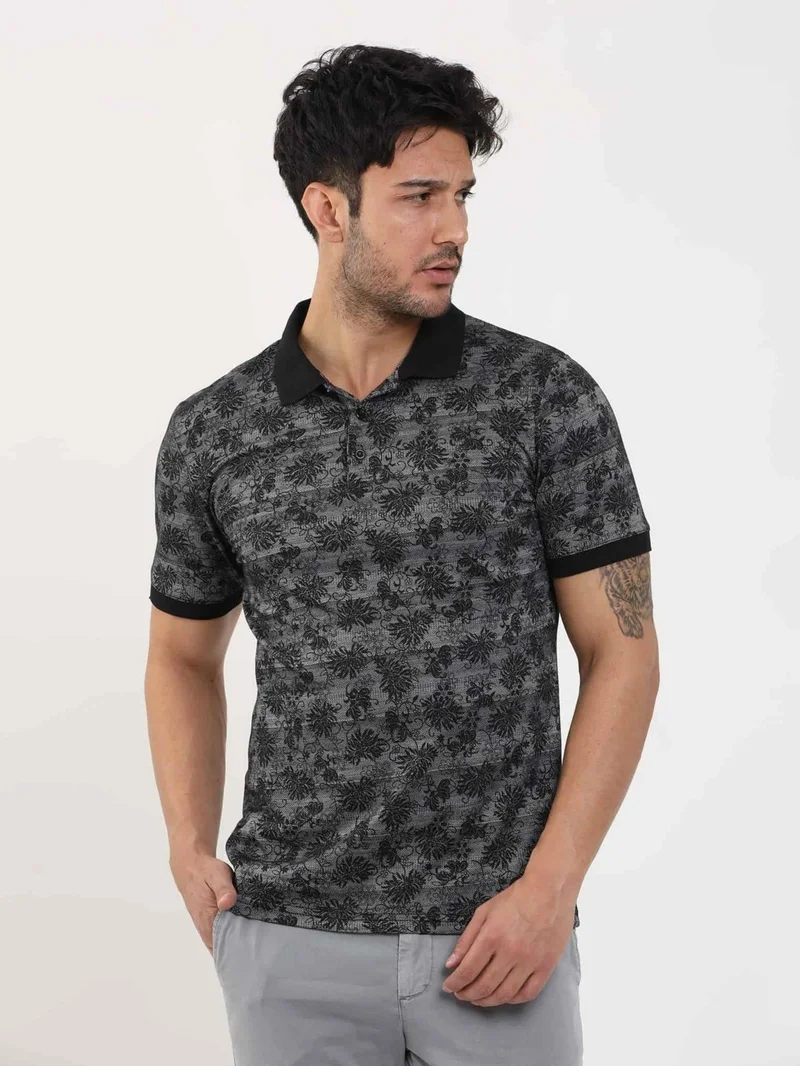 Black Men's Slim Fit Patterned Polo Neck Tshirt - 105244