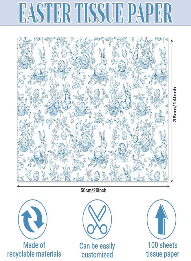 Bolsome 100 Sheets Easter Tissue Paper for Gift Wrapping Vintage Blue White Bunny Floral Eggs Printed Tissue Paper for Gift Bags Decorative Art Tissue for Baby Shower Easter Party DIY Crafts, 20 × 14 Inches - Image 2