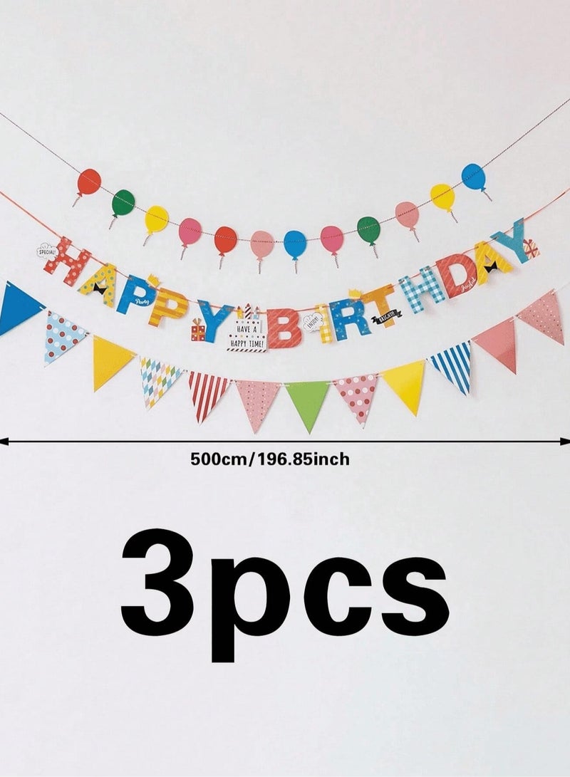 Birthday decoration banner, 3 pieces, featuring a "Happy Birthday" phrase design and a vibrant balloon banner. Perfect for birthday parties. Length: (500 cm).  - Image 5