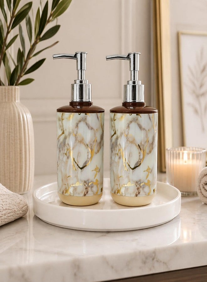 LAGET® 300ml Soap Dispenser for Wash Basin -Marble Design Print | Kitchen and Bathroom Accessories Items | Liquid Handwash Dispenser Bottle Chrome Finsih Top- Set of 2 (Cream) - Image 1