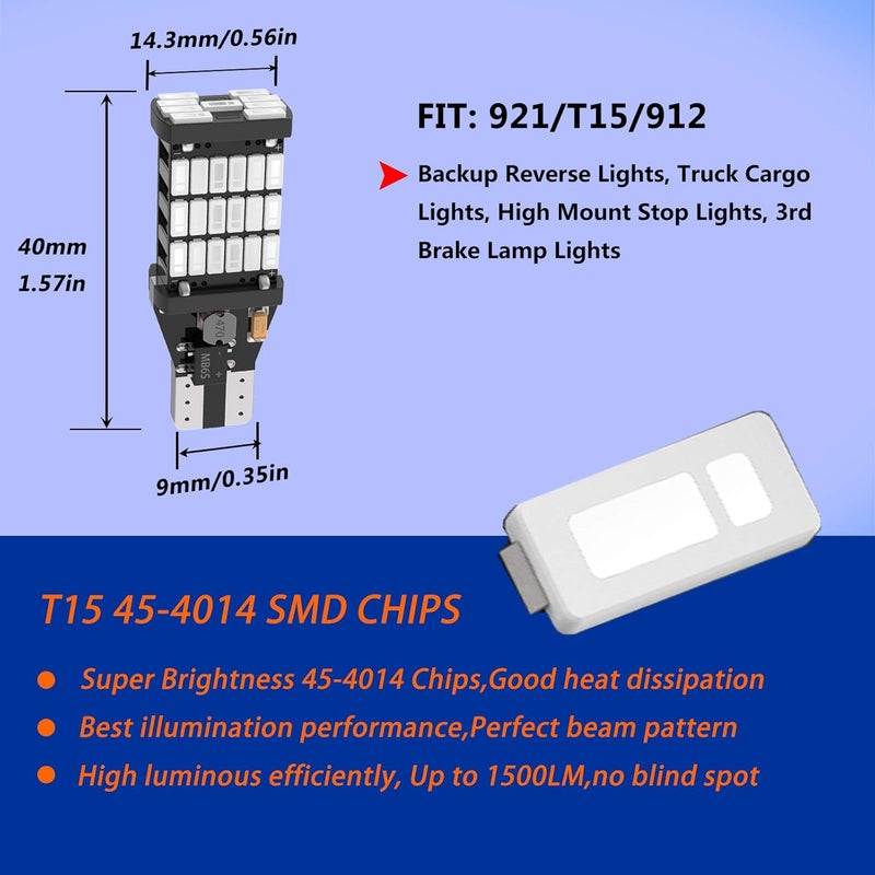 firiKer 4PCS Brilliant Red 921 T15 912 W16W LED Brake Lights, Error Free 45SMD-4014 Chipsets, 912 921 906 LED Car Bulbs For Car Truck Backup Reverse Tail 3rd High Mount Stop Lights Cargo Lights - Image 2