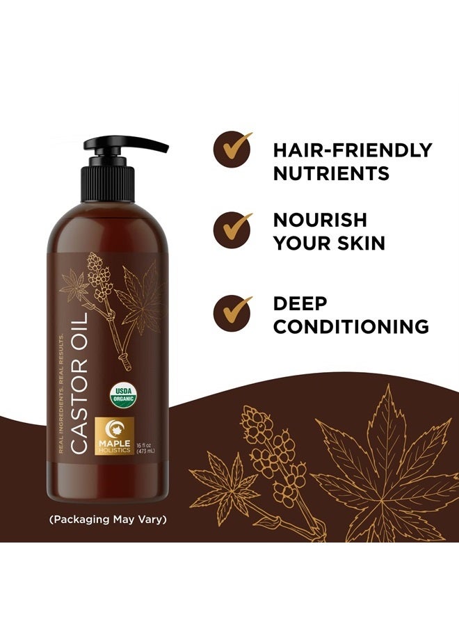 Maple Holistics Organic Castor Oil for Hair Growth - USDA Organic Castor Oil for Eyelashes and Eyebrows - Extra Virgin Hexane Free Organic Hair Oil for Dry Damaged Hair - Carrier Oil for Essential Oils Mixing - Image 1