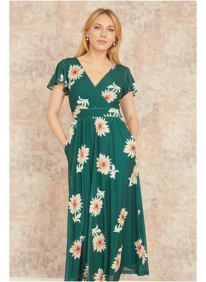 Yumi Yumi Green Mesh Flower Wrap Midi Dress With Pockets