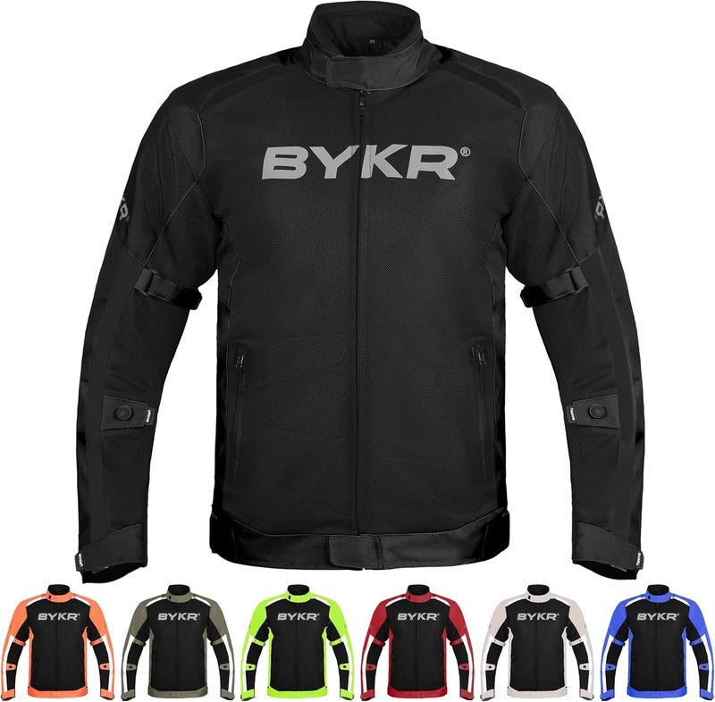 BYKR جاكيت دراجة نارية شبكي للرجال من BYKR - جاكيت ركوب مزود بدروع CE وقابل للتنفس باللون الأسود - Image 1