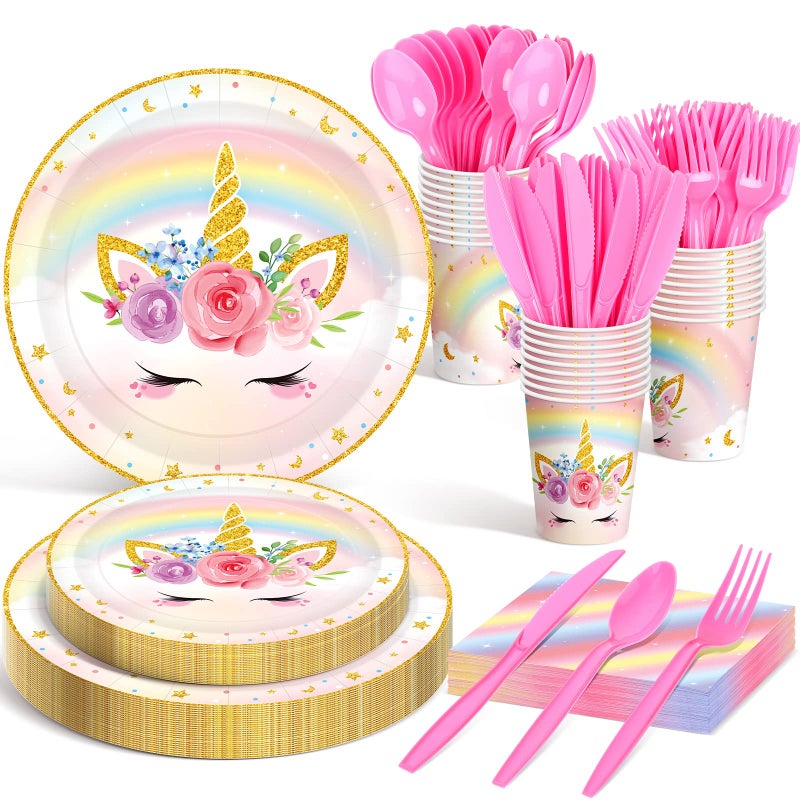 Meanplan 168 Pcs Unicorn Party Tableware Supplies Set Include Rainbow Unicorn Paper Plates Napkins Cups Knives Forks Spoons for Girls Guests Birthday Baby Shower Party Favor Serves 24 Guests - Image 2