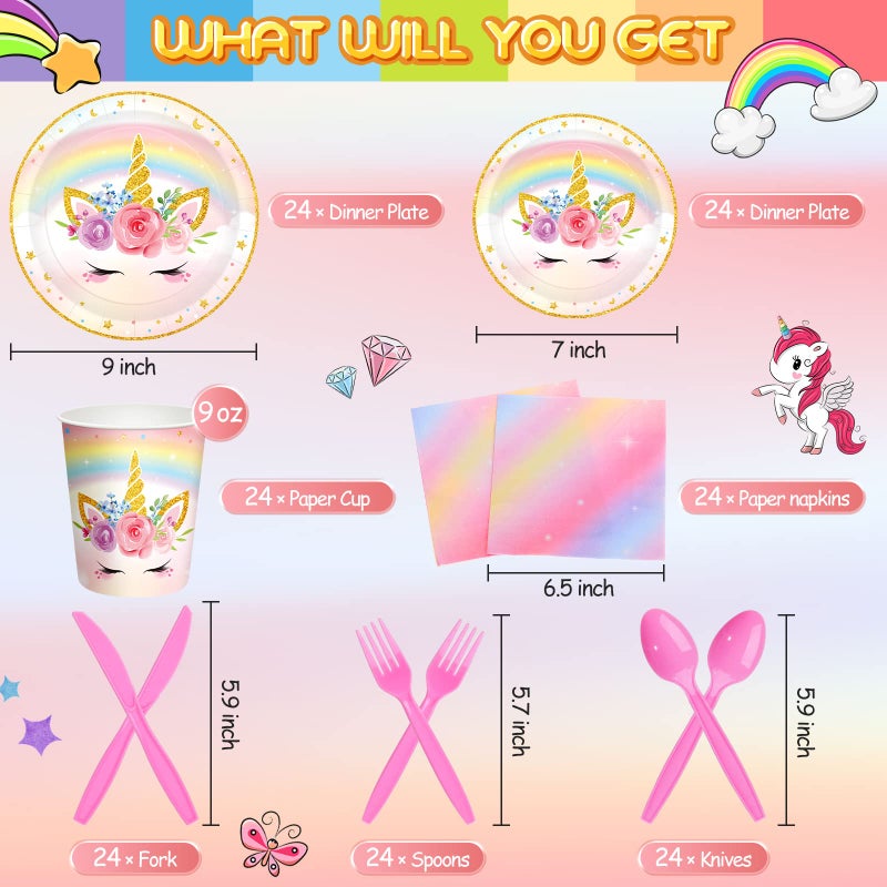 Meanplan 168 Pcs Unicorn Party Tableware Supplies Set Include Rainbow Unicorn Paper Plates Napkins Cups Knives Forks Spoons for Girls Guests Birthday Baby Shower Party Favor Serves 24 Guests - Image 3