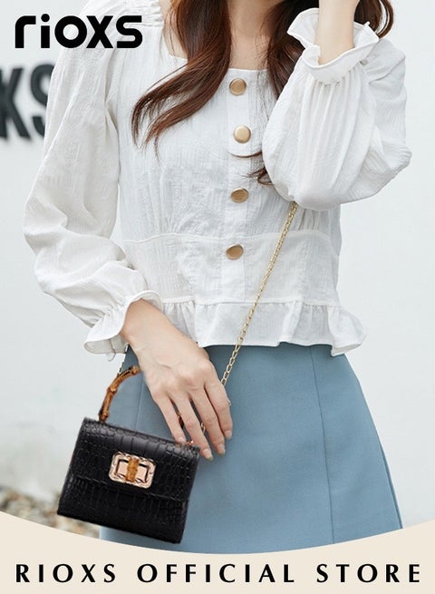 Women's Mini Crossbody Bag, Trendy Tiny Synthetic Leather Top Handle Bag, Lightweight Crocodile Satchels Shoulder Bag, Elegant Ladies Purse Clutch Bag with Bamboo Handle and Metal Chains, Ideal for Travel Cocktail Party Prom, Black