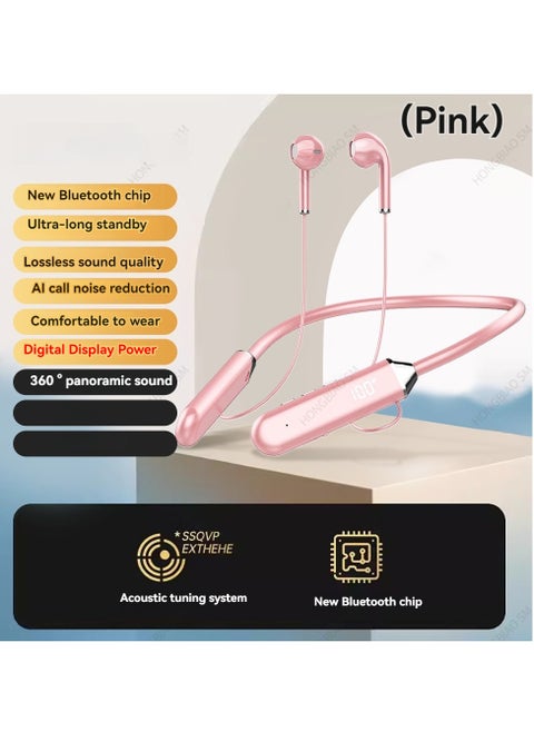 New Digital Display Bluetooth Headphones Neck-mounted Sports Noise Canceling Neck-mounted Ultra-Long Standby Universal Headphones (Pink)