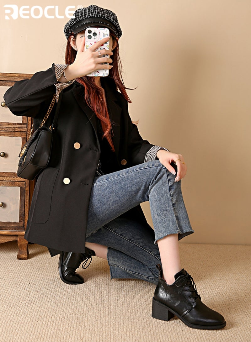 ريوكل نسائي كعب مكتنزة برباط إصبع القدم مدبب ريترو أحذية الكاحل النمط البريطاني أحذية أزياء كعب متوسط مادة PU الاصطناعية للنزهات غير الرسمية وملابس المكتب - Image 3