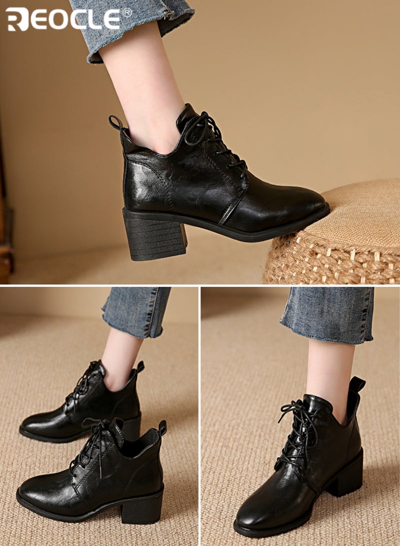 ريوكل نسائي كعب مكتنزة برباط إصبع القدم مدبب ريترو أحذية الكاحل النمط البريطاني أحذية أزياء كعب متوسط مادة PU الاصطناعية للنزهات غير الرسمية وملابس المكتب - Image 4