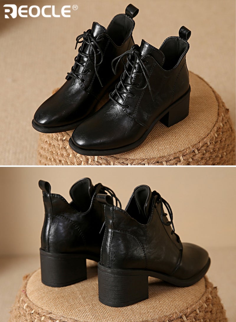 ريوكل نسائي كعب مكتنزة برباط إصبع القدم مدبب ريترو أحذية الكاحل النمط البريطاني أحذية أزياء كعب متوسط مادة PU الاصطناعية للنزهات غير الرسمية وملابس المكتب - Image 5