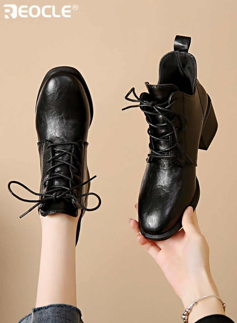 ريوكل نسائي كعب مكتنزة برباط إصبع القدم مدبب ريترو أحذية الكاحل النمط البريطاني أحذية أزياء كعب متوسط مادة PU الاصطناعية للنزهات غير الرسمية وملابس المكتب - Image 1