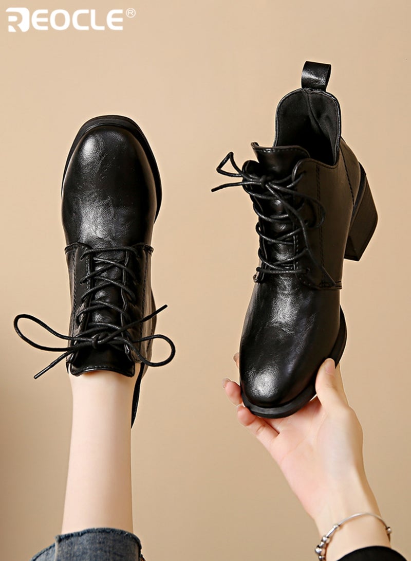 REOCLE Women's Chunky Heel Lace Up Pointed Toe Retro Ankle Boots British Style Mid Heel Fashion Boots Synthetic PU Material for Casual Outings and Office Wear - Image 2