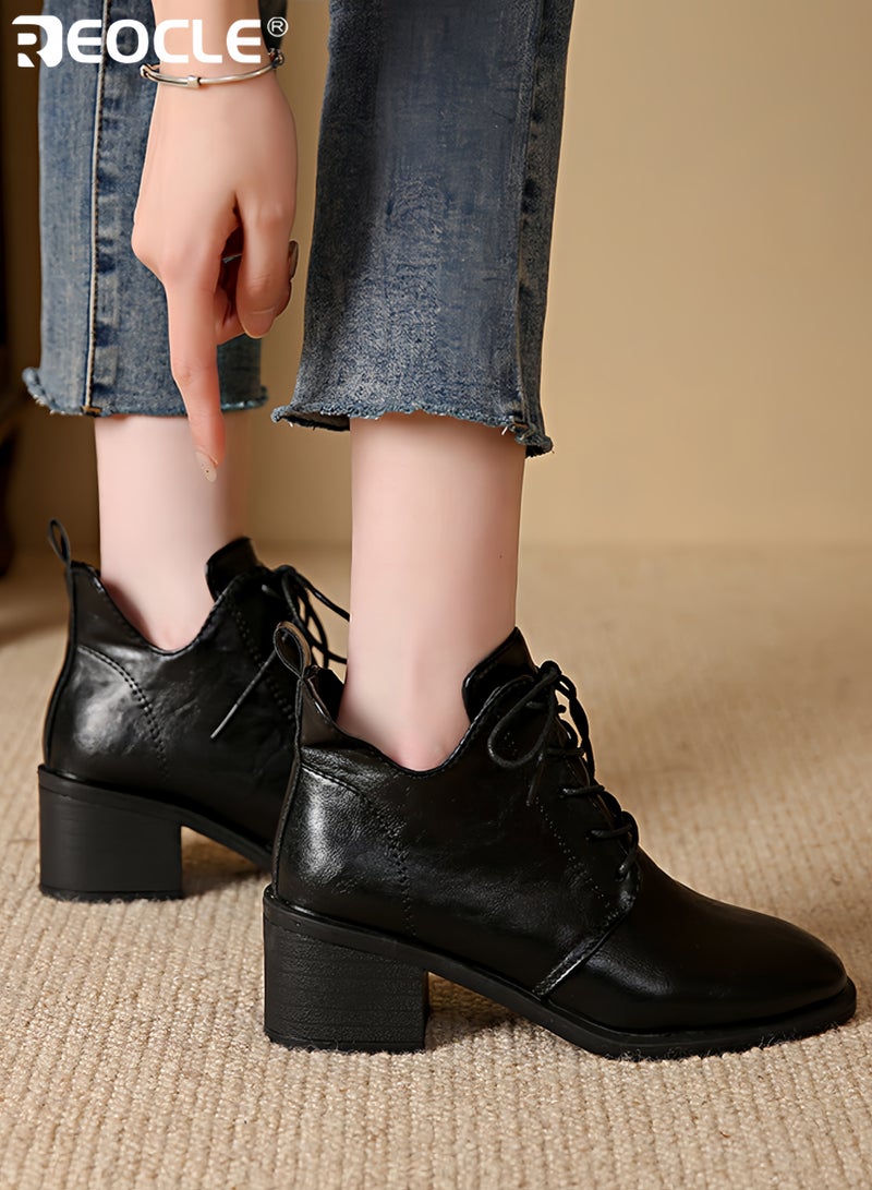 REOCLE Women's Chunky Heel Lace Up Pointed Toe Retro Ankle Boots British Style Mid Heel Fashion Boots Synthetic PU Material for Casual Outings and Office Wear - Image 1