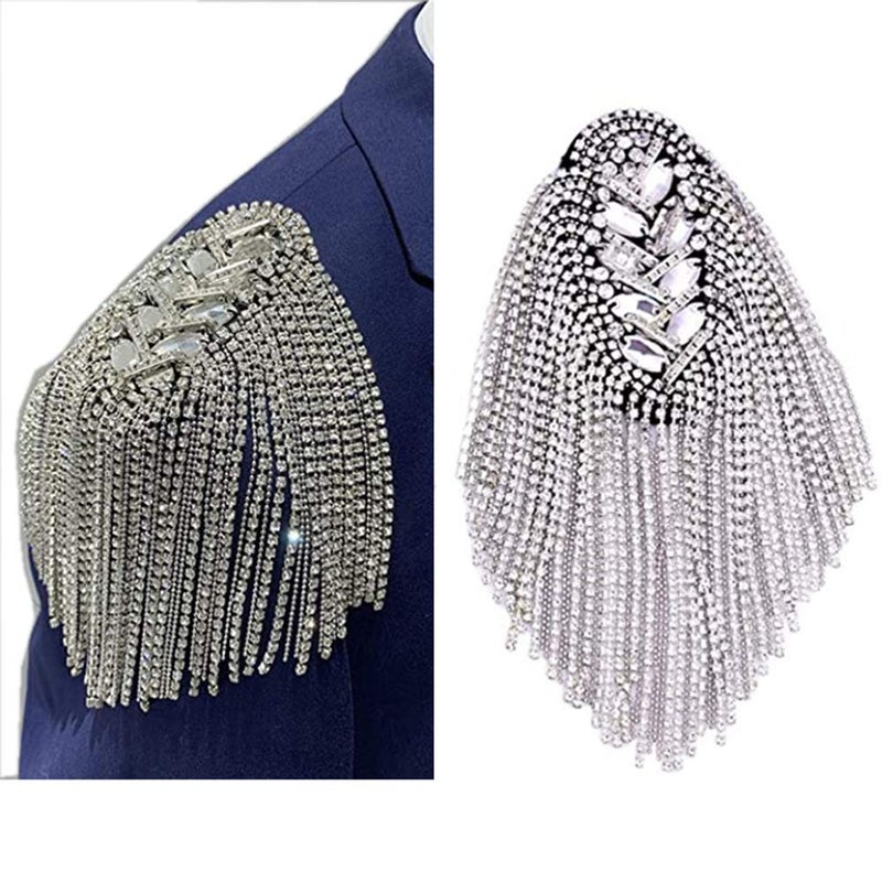 Zthread 2pcs Rhinestone Tassel Shoulder Epaulet Spike Chain Shoulder Badge Brooch Pins for Man Woman - Image 1