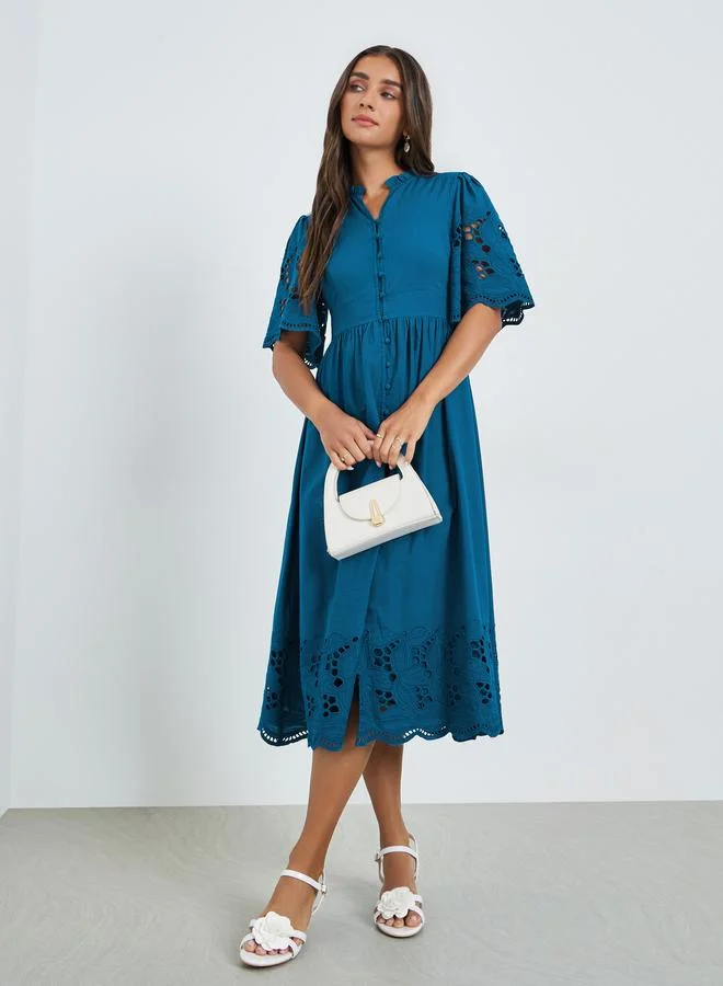 Styli Teal Cotton Schiffli Midi Dress