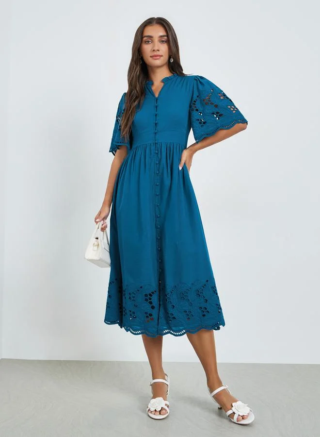 Styli  Teal Cotton Schiffli Midi Dress for Women | Best Price UAE