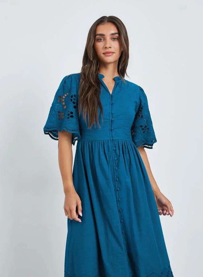 Styli Teal Cotton Schiffli Midi Dress
