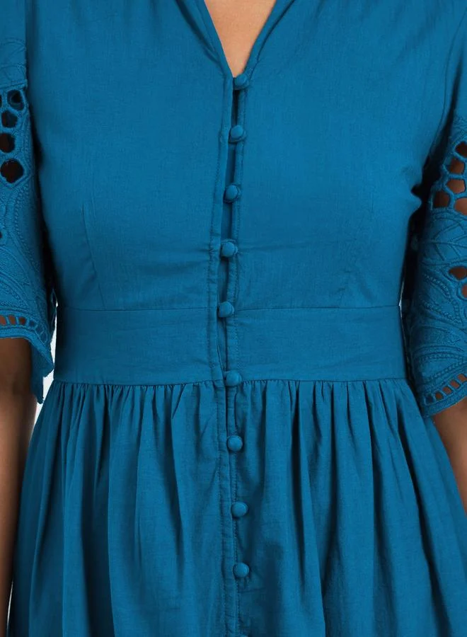 Styli  Teal Cotton Schiffli Midi Dress for Women | Best Price UAE