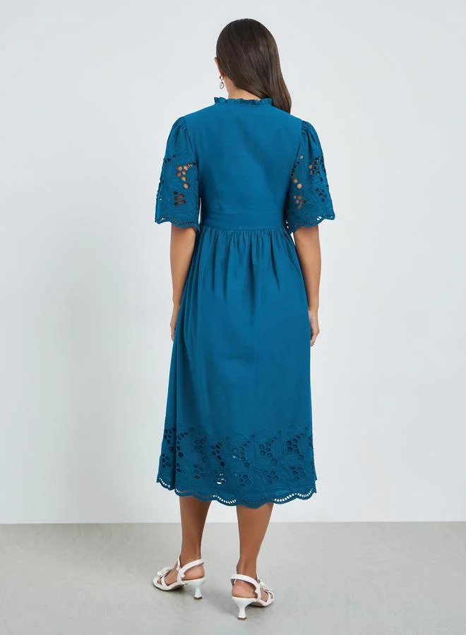 Styli  Teal Cotton Schiffli Midi Dress for Women | Best Price UAE