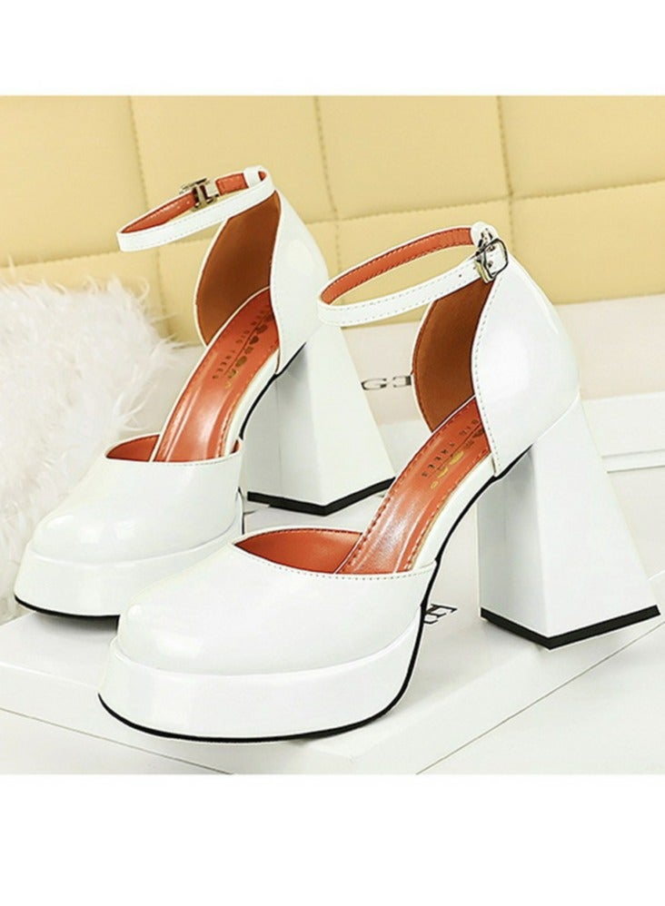 BIGTREE Womens Patent Leather Platform Chunky High Heel Square Closed Toe Pumps With Ankle Strap White 11CM  - Image 1
