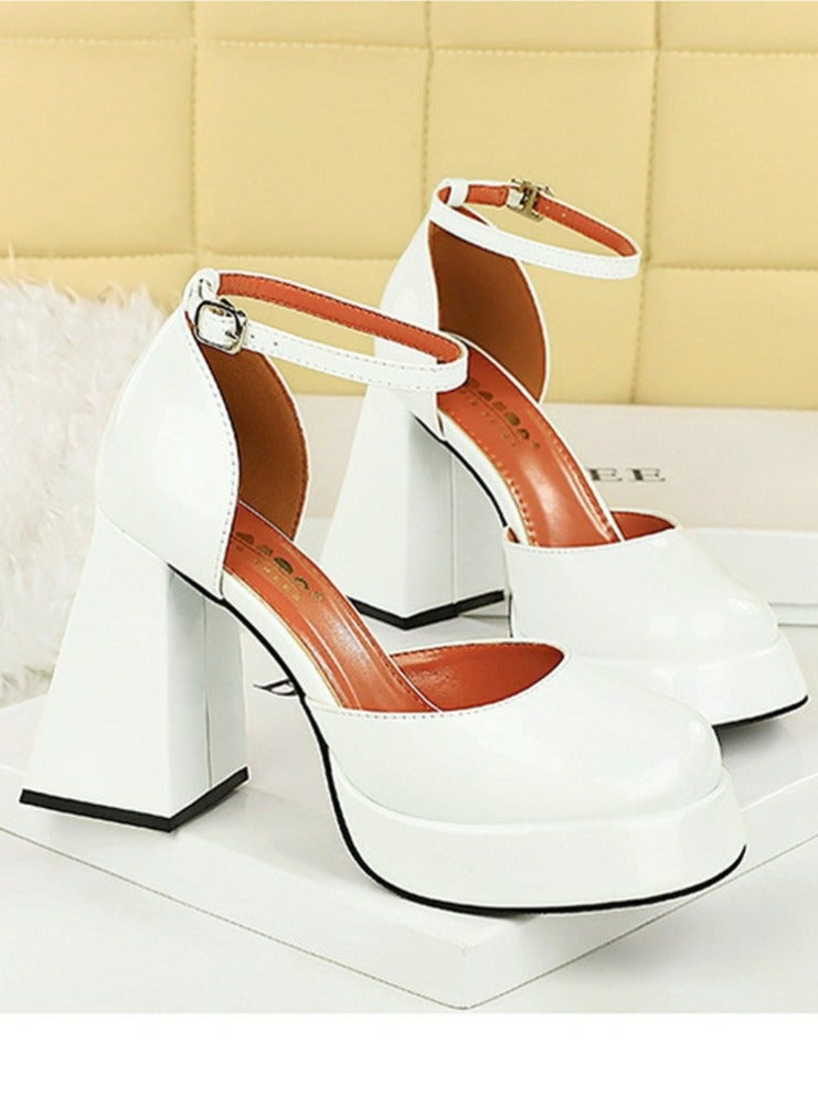 BIGTREE Womens Patent Leather Platform Chunky High Heel Square Closed Toe Pumps With Ankle Strap White 11CM  - Image 2