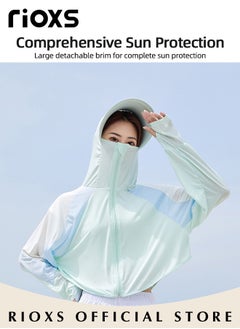 RIOXS Women's UPF 50+ Sun Protection Clothing, Outdoor Lightweight Full Zip Hoodie Jacket with Face Mask Design, Comfy Breathable Long Sleeve Coat with Thumbholes and Large Brim, Suitable for Daily Wear, Sports Training, Hiking, Fishing, Climbing or Other Outdoor Activities  - Image 2