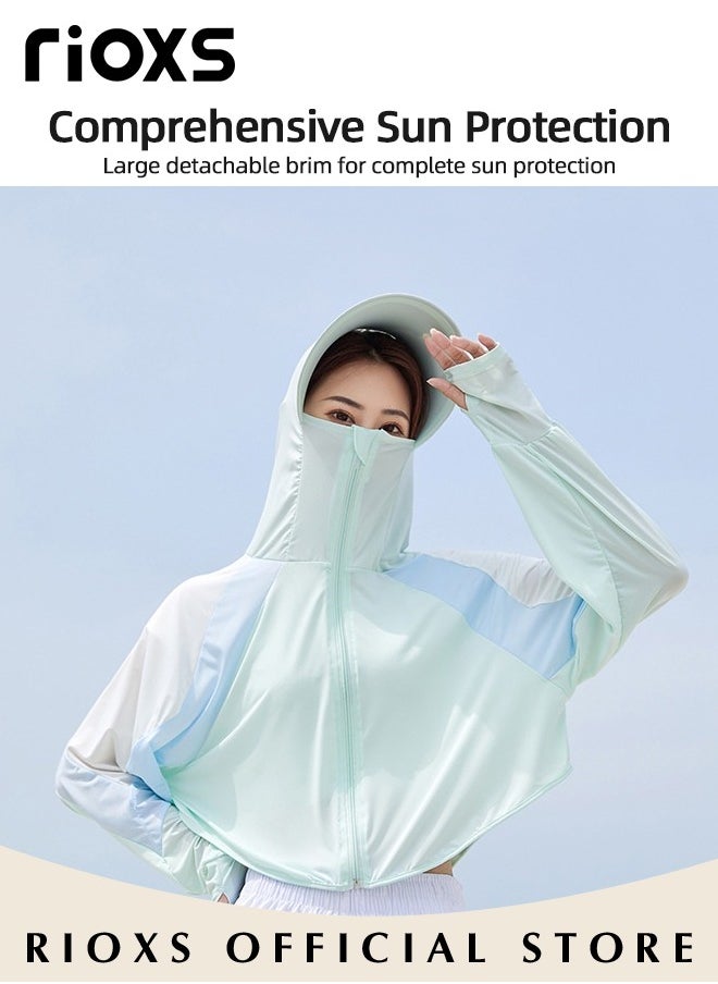 RIOXS Women's UPF 50+ Sun Protection Clothing, Outdoor Lightweight Full Zip Hoodie Jacket with Face Mask Design, Comfy Breathable Long Sleeve Coat with Thumbholes and Large Brim, Suitable for Daily Wear, Sports Training, Hiking, Fishing, Climbing or Other Outdoor Activities  - Image 2