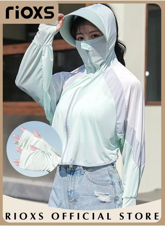 RIOXS Women's UPF 50+ Sun Protection Clothing, Outdoor Lightweight Full Zip Hoodie Jacket with Face Mask Design, Comfy Breathable Long Sleeve Coat with Thumbholes and Large Brim, Suitable for Daily Wear, Sports Training, Hiking, Fishing, Climbing or Other Outdoor Activities  - Image 3