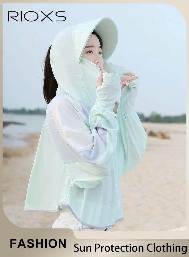 RIOXS Women's UPF 50+ Sun Protection Clothing, Outdoor Lightweight Full Zip Hoodie Jacket with Face Mask Design, Comfy Breathable Long Sleeve Coat with Thumbholes and Large Brim, Suitable for Daily Wear, Sports Training, Hiking, Fishing, Climbing or Other Outdoor Activities - Image 1